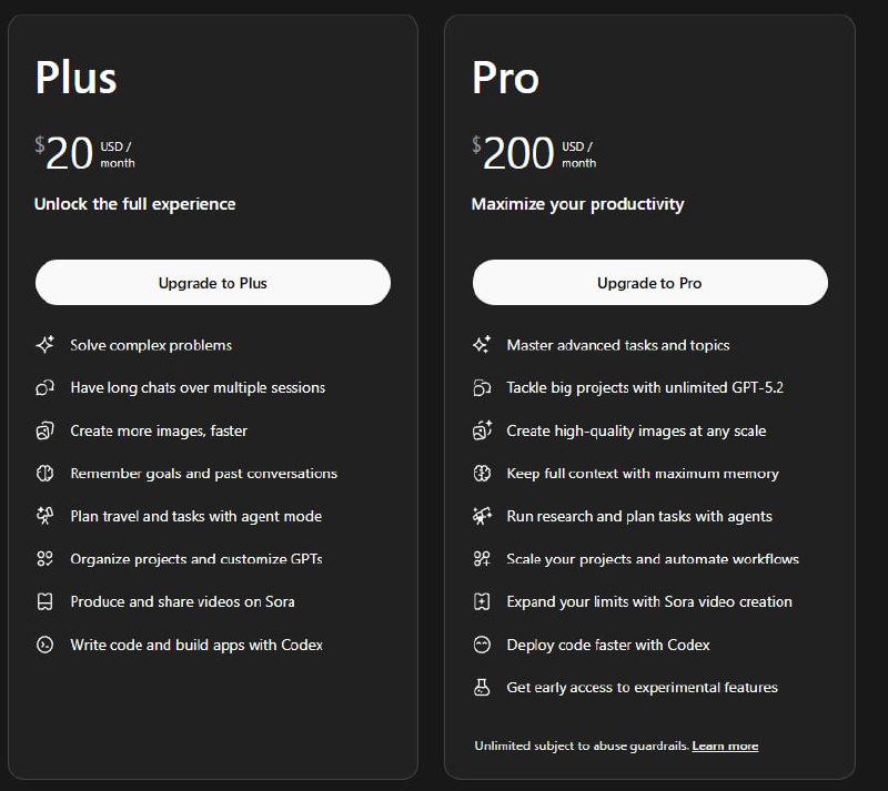 ChatGPT Plus and Pro plan pricing