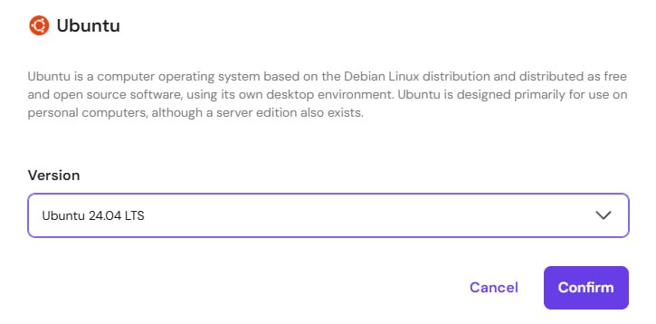 Selecting Ubuntu 24.04 LTS on Hostinger