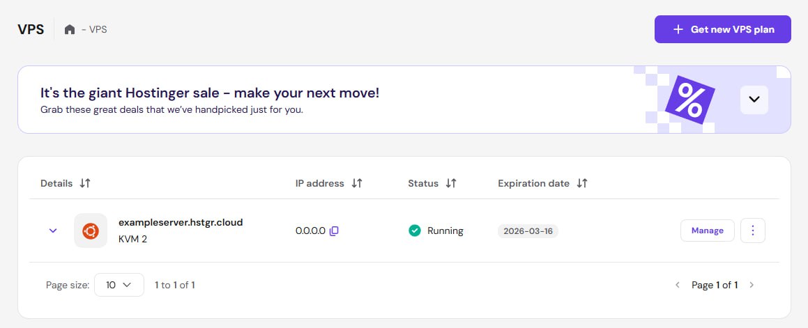 Hostinger VPS main panel