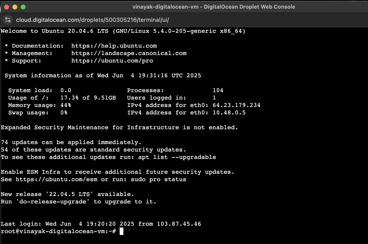 Example of first Linux SSH login output